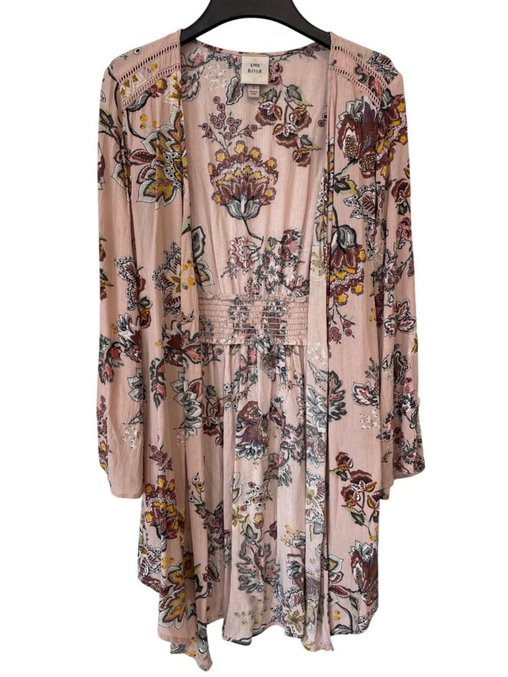 Knox Rose Kimono Small Floral Print Open Front Smocked Back Waist Pink Bohemian